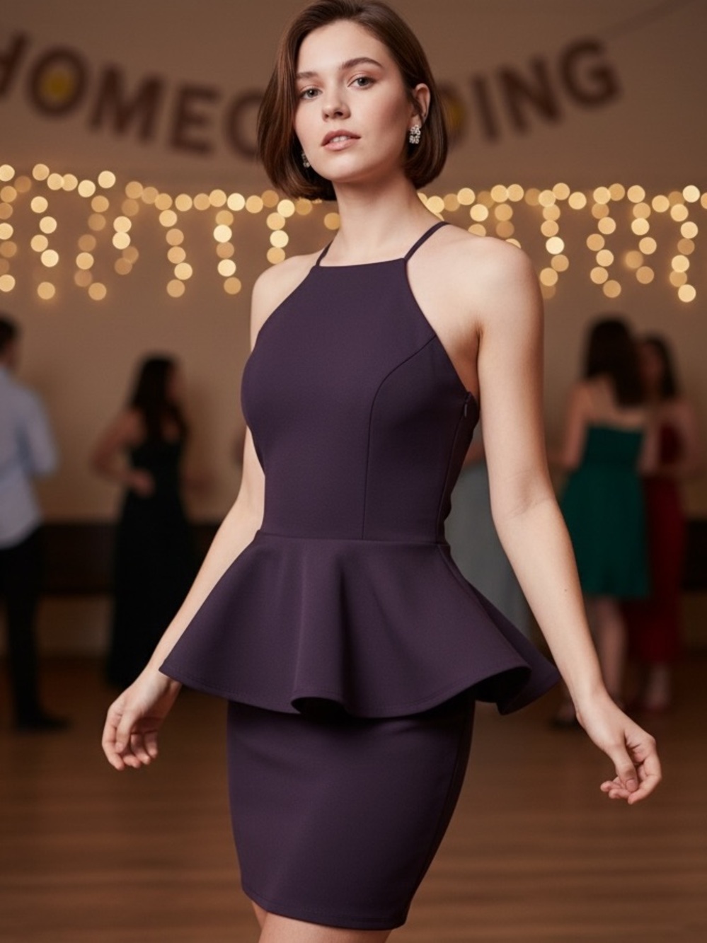 Jodi Kristopher Dark Plum Halter Peplum Mini Dress